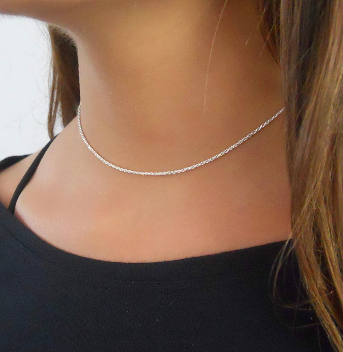 Solid Sterling Silver Rope Chain Choker Necklace Length