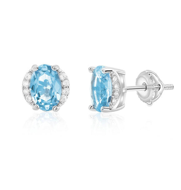 Sterling Silver 925 Oval Blue Topaz Halo Studs