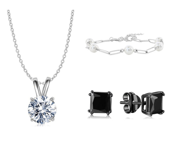 Jewelry Bundle: Black On Black Square Studs, Paperclip Pearl Bracelet, Crystal Round Cut Necklace