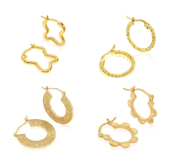 Gold Hoop Bundle: Wavey Gold Hoops, Braided Gold Hoops, Greek Styled Hoops, Flower Designed Hoops