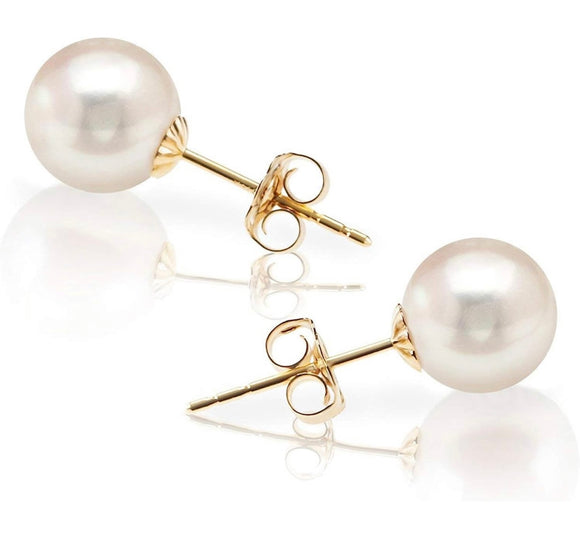 Solid 14K Gold Lab Created Pearl Stud Earrings