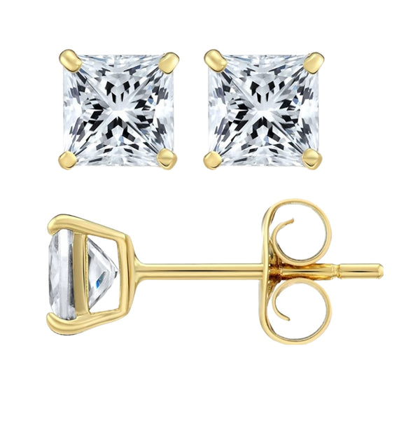 14K Yellow Gold 4mm Square Cut Crystal Studs