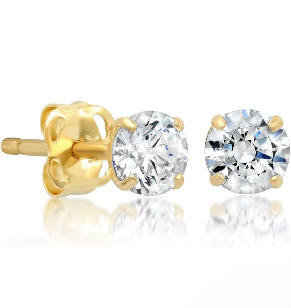 Solid 14K Yellow Gold 4mm Round Cut Crystal Studs