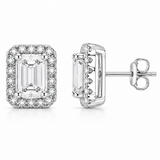 Sterling Silver Emerald Cut Halo Studs