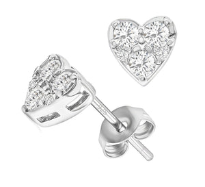 Solid 925 Sterling Silver Tri Stone Heart Studs Earrings