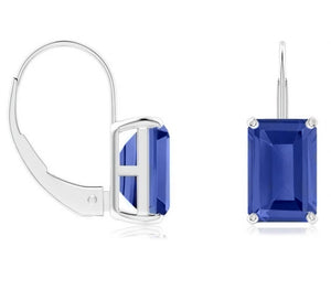 925 Sterling Silver Emerald Cut Lab Created Blue Sapphire Earrings