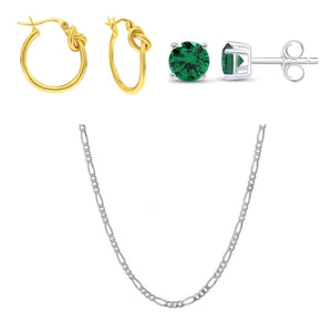 Hoop Earrings And Necklace Jewelry Bundle: Sterling Silver 20 Inch Chain, Gold Plated Hoops, Sterling Silver Round Emerald Stud Earrings