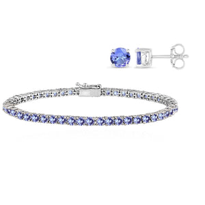 Tanzanite Jewelry Bundle: Solid 925 Sterling Silver Round Tanzanite Studs Earrings, 14K White Gold Plated Round Tanzanite Tennis Bracelet