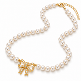 Gold-Tone Crystal Bow Pearl Necklace