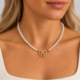 Gold-Tone Crystal Bow Pearl Necklace