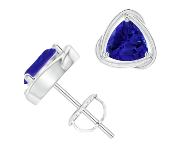 Sterling Silver Trillion Cut Twisted Halo Sapphire Studs