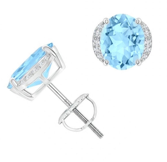 Sterling Silver 925 Oval Blue Topaz Halo Studs