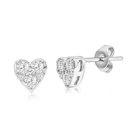 Solid 925 Sterling Silver Tri Stone Heart Studs Earrings