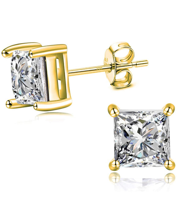 Solid Sterling Silver White Topaz Princess Cut Square Studs
