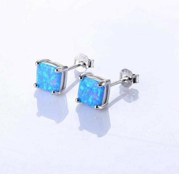 Solid Sterling Silver Genuine Opal Square Cut Studs