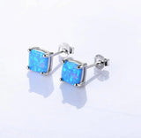 Solid Sterling Silver Genuine Opal Square Cut Studs