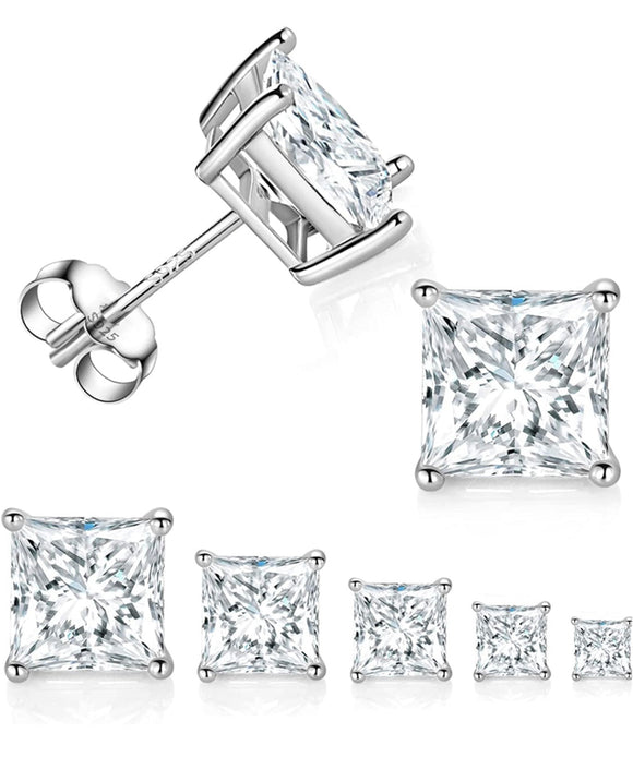 925 Sterling Silver Square Princess Cut Cubic Zirconia Stud Earrings, Multiple Sizes 3mm-9mm, Sparkling CZ Stone, Hypoallergenic, Perfect for Women and Girls