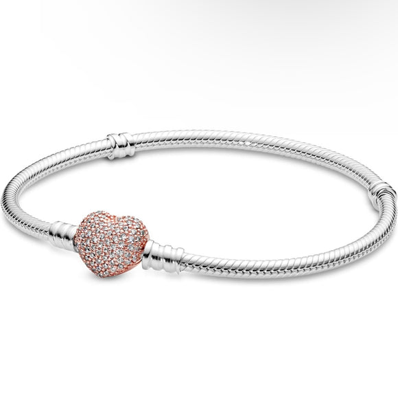 Micro Pave Crystal Rose Gold Heart Charm Bracelet