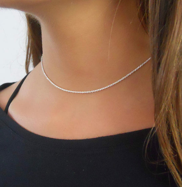 Solid Sterling Silver Rope Chain Choker Necklace - 3 Length Options