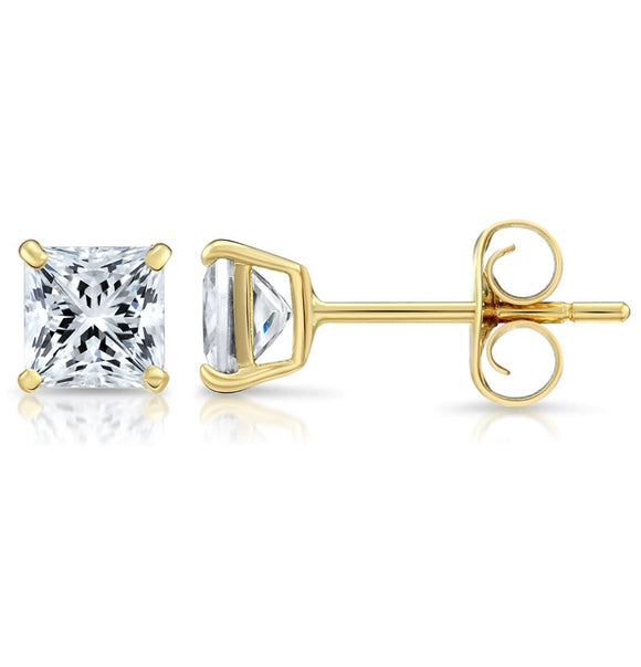 Solid 14K Yellow Gold 4mm Square Cut Crystal Studs - 2 Options