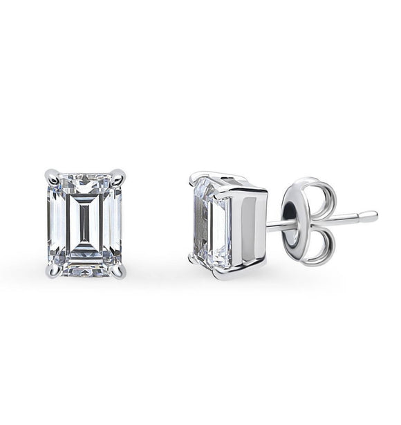 Solid Sterling Silver Created White Topaz Emerald Cut Crystal Stud Earrings