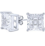 Sterling Silver Invisible Princess Cut Simulated Diamond Studs Earrings