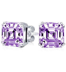 Sterling Silver Ascher Cut Lab Created Purple Amethyst Studs Earrings