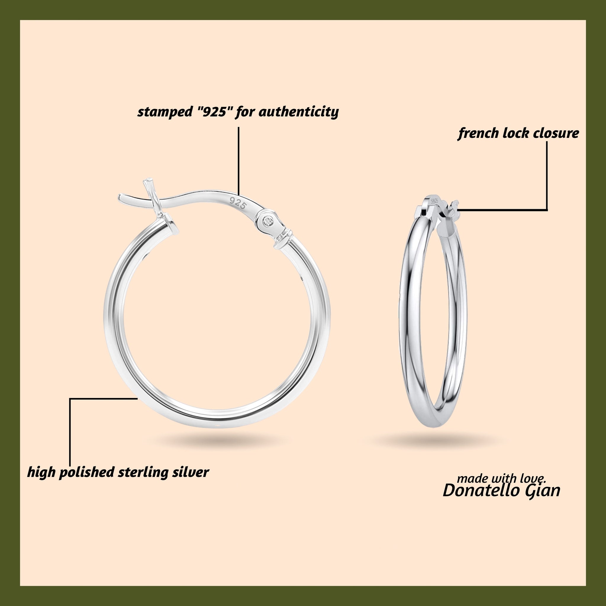 925 Sterling Silver Hoop Earrings - 3 Size Options